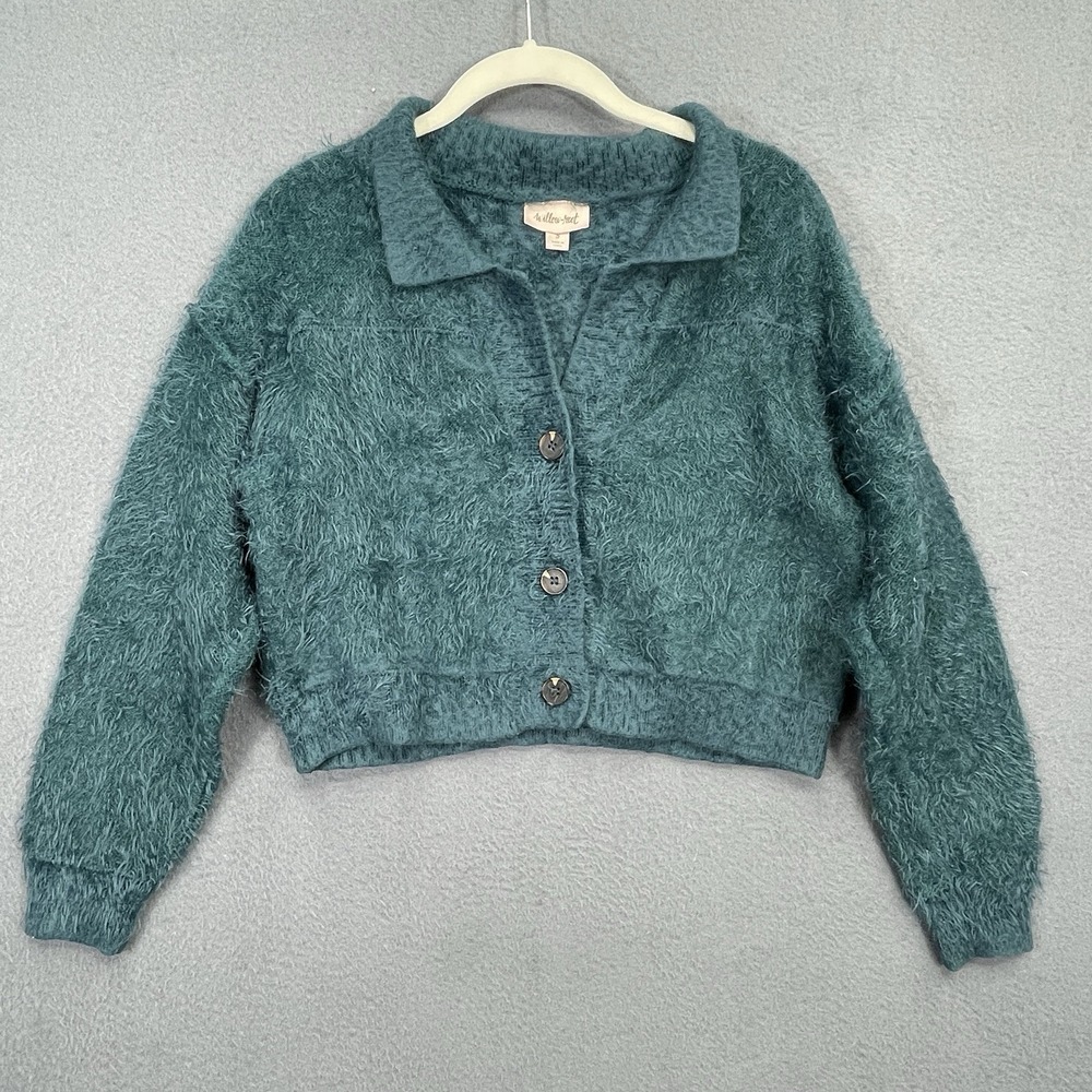 Willow & Root Women's Crop Button Up Sweater Sz Small L/S Collared Fuzzy Thick - Picture 2 of 8